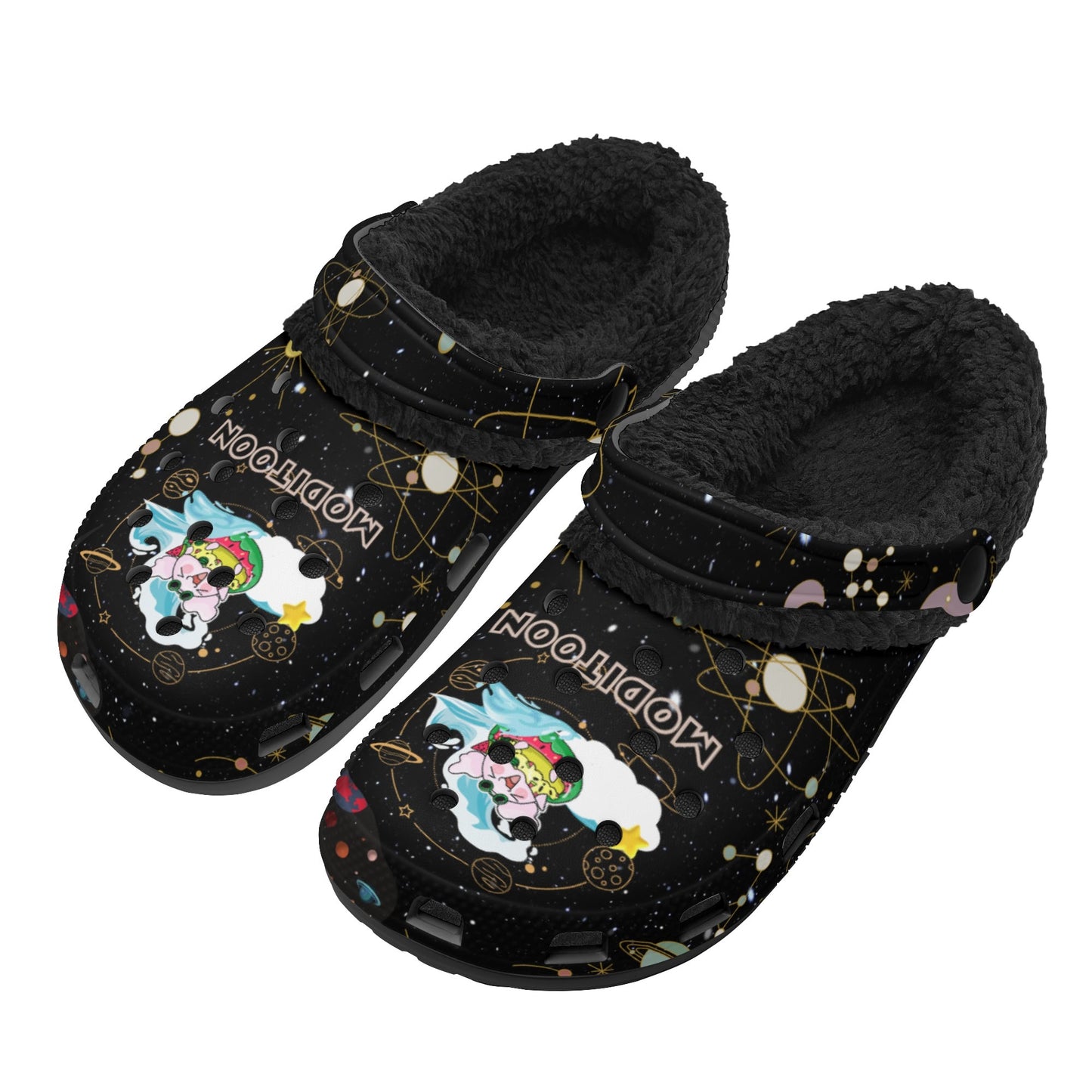 ModiToon Universe Black Warm House Clog Winter Fur Slippers | 모디툰 퍼 샌달 슬리퍼