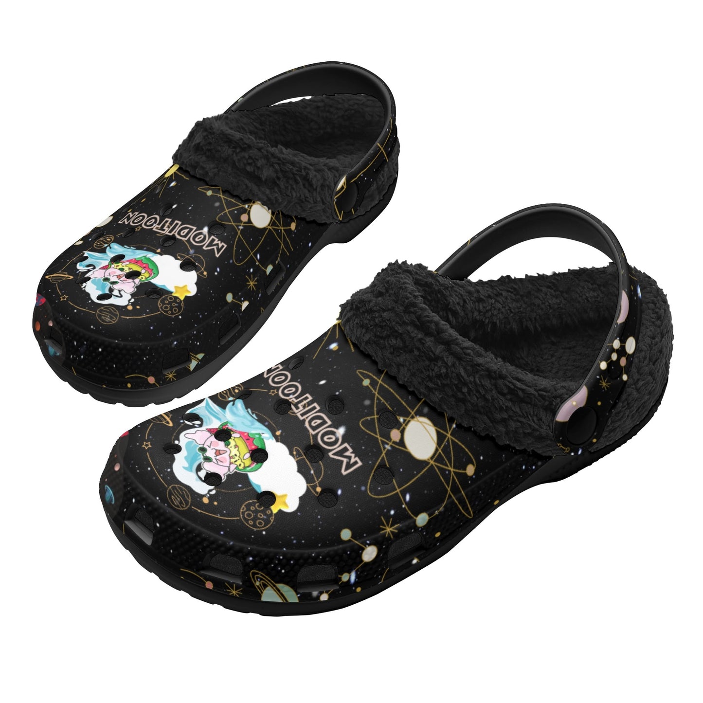 ModiToon Universe Black Warm House Clog Winter Fur Slippers | 모디툰 퍼 샌달 슬리퍼