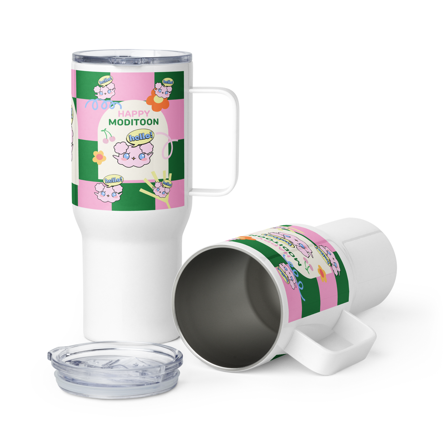 Pink Green ModiToon Travel mug with a handle