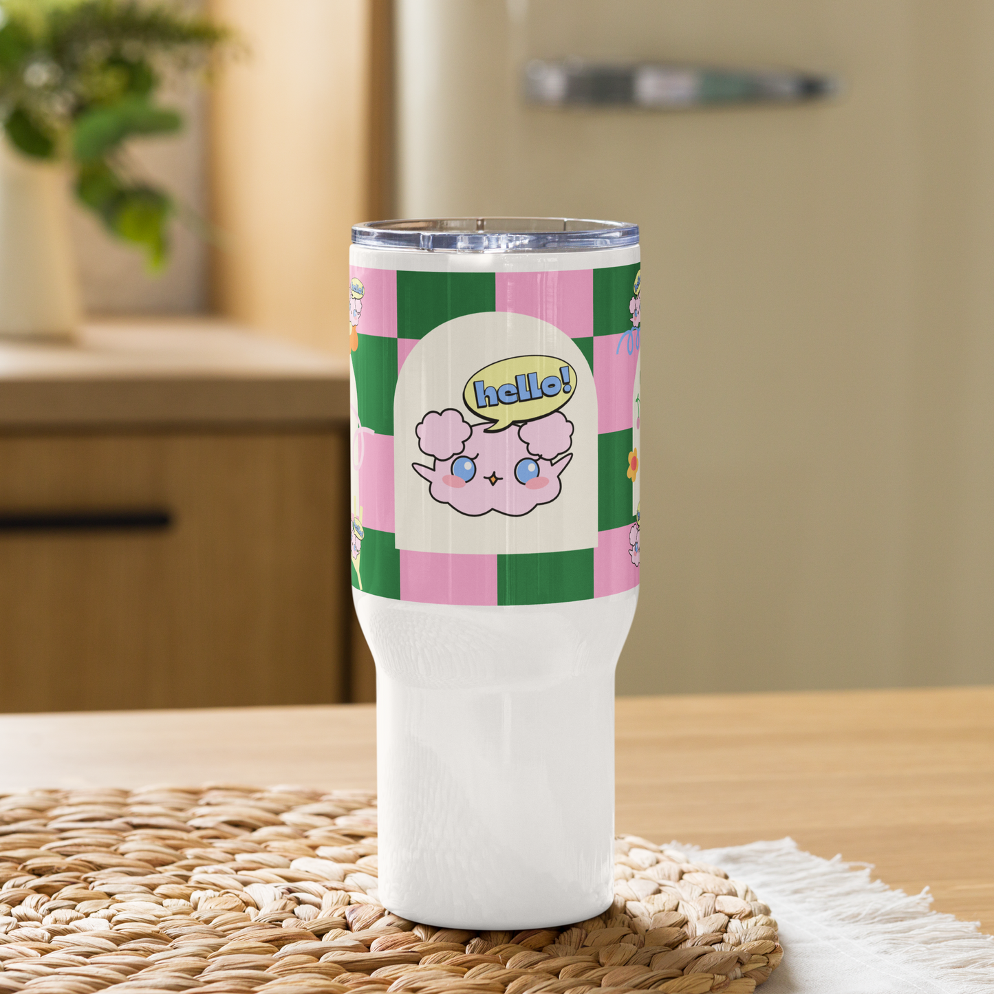 Pink Green ModiToon Travel mug with a handle