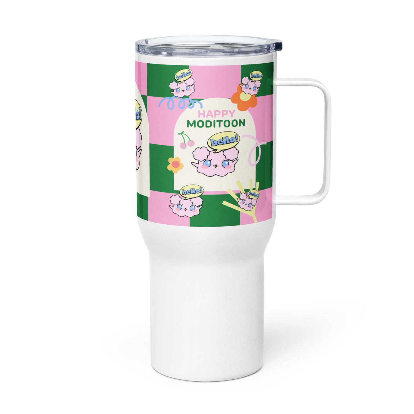 Pink Green ModiToon Travel mug with a handle