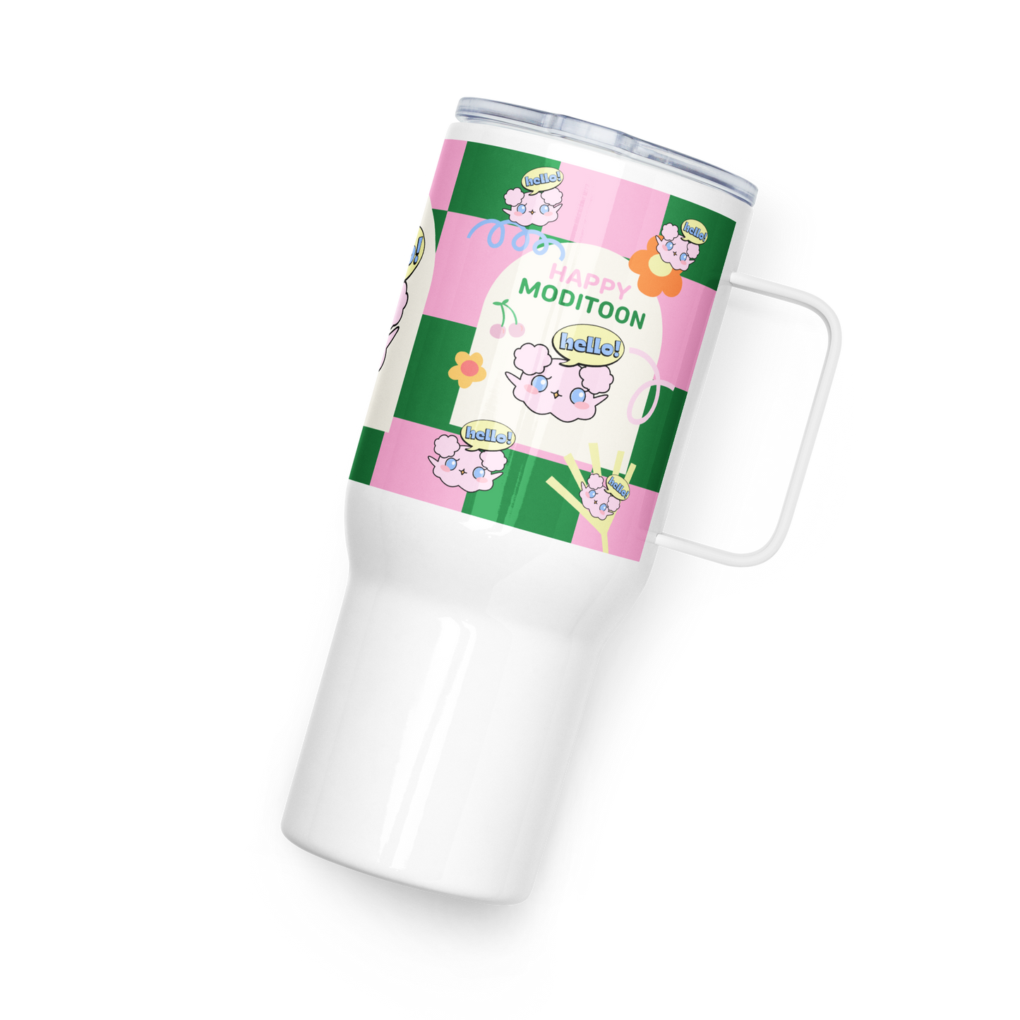 Pink Green ModiToon Travel mug with a handle