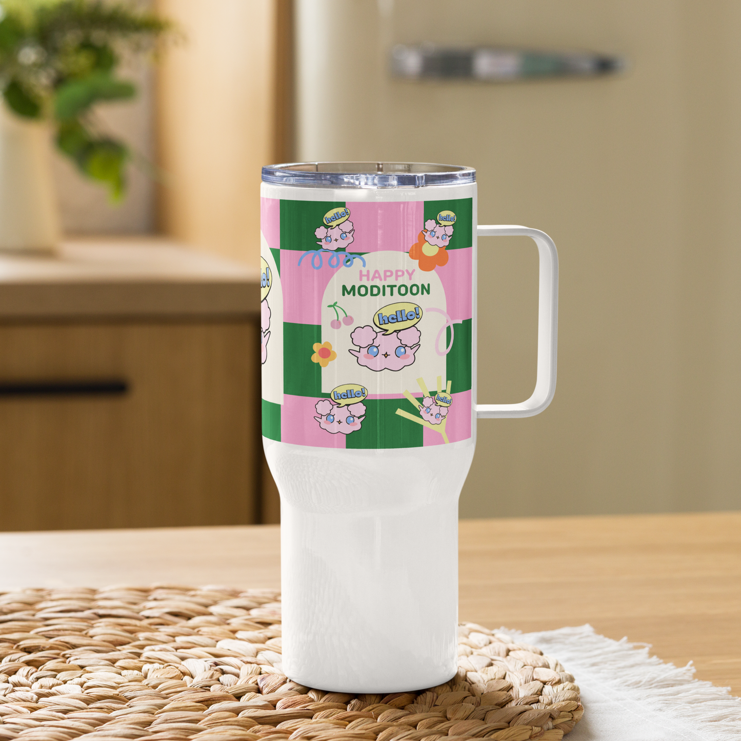 Pink Green ModiToon Travel mug with a handle