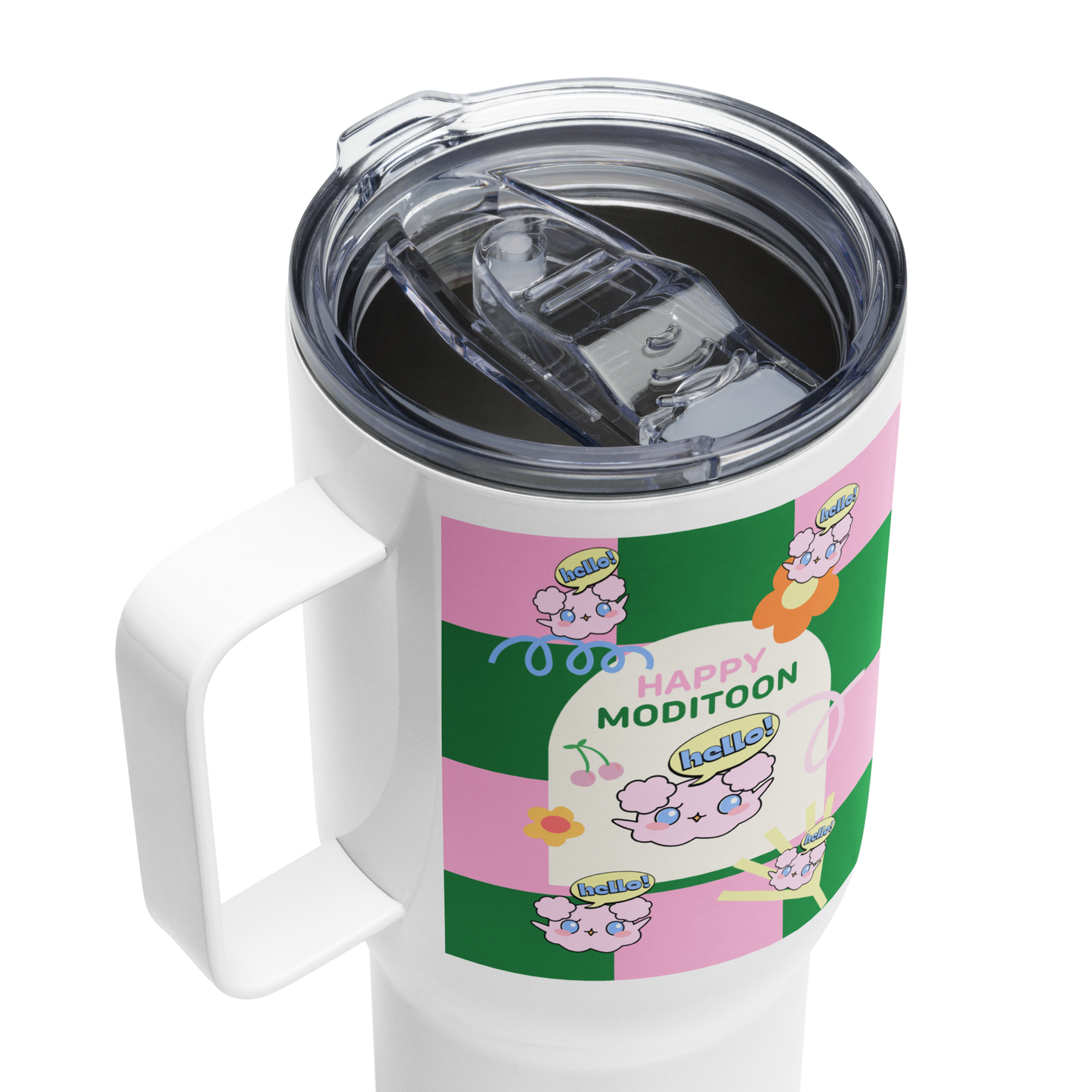 Pink Green ModiToon Travel mug with a handle