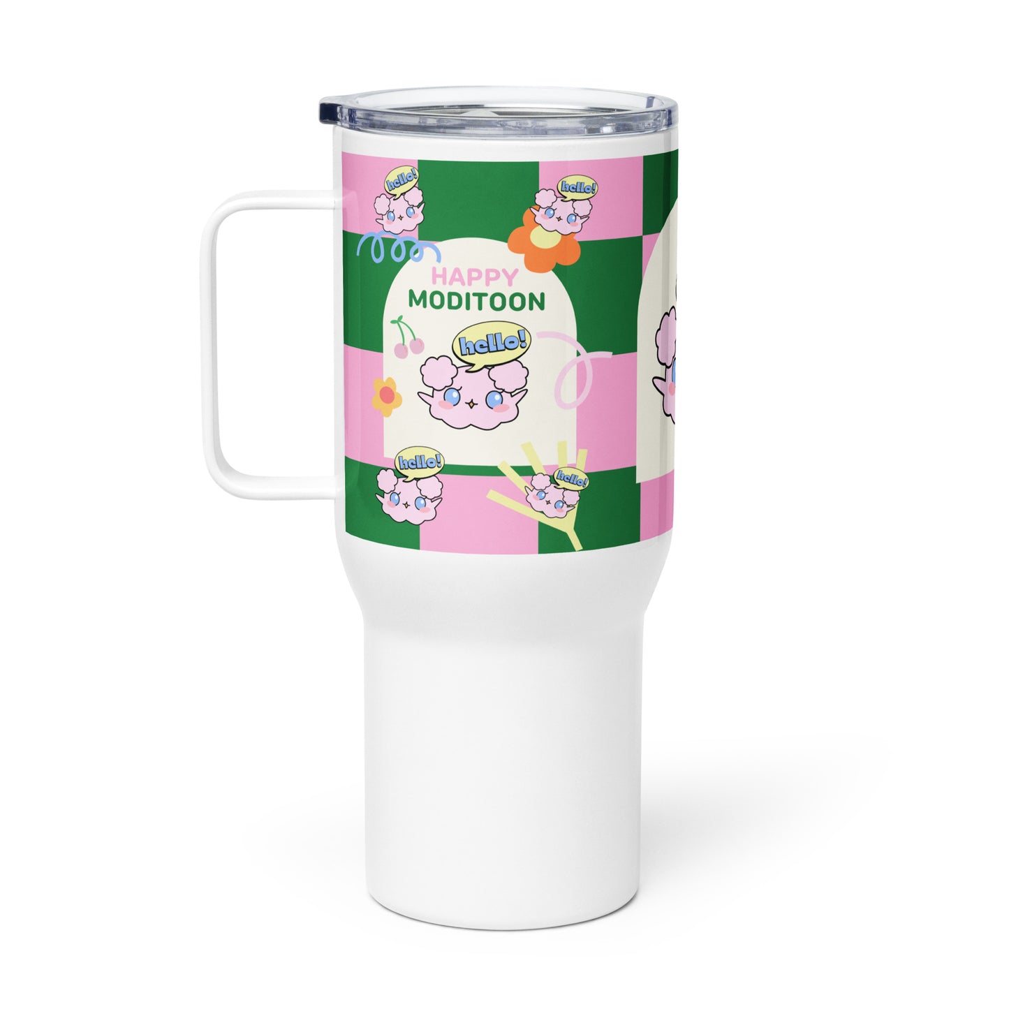 Pink Green ModiToon Travel mug with a handle