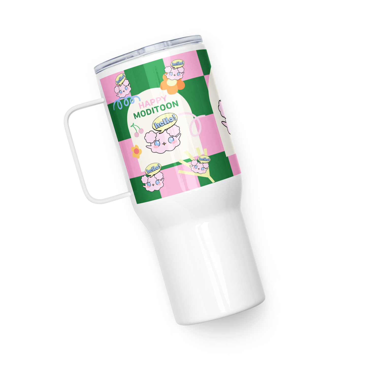 Pink Green ModiToon Travel mug with a handle