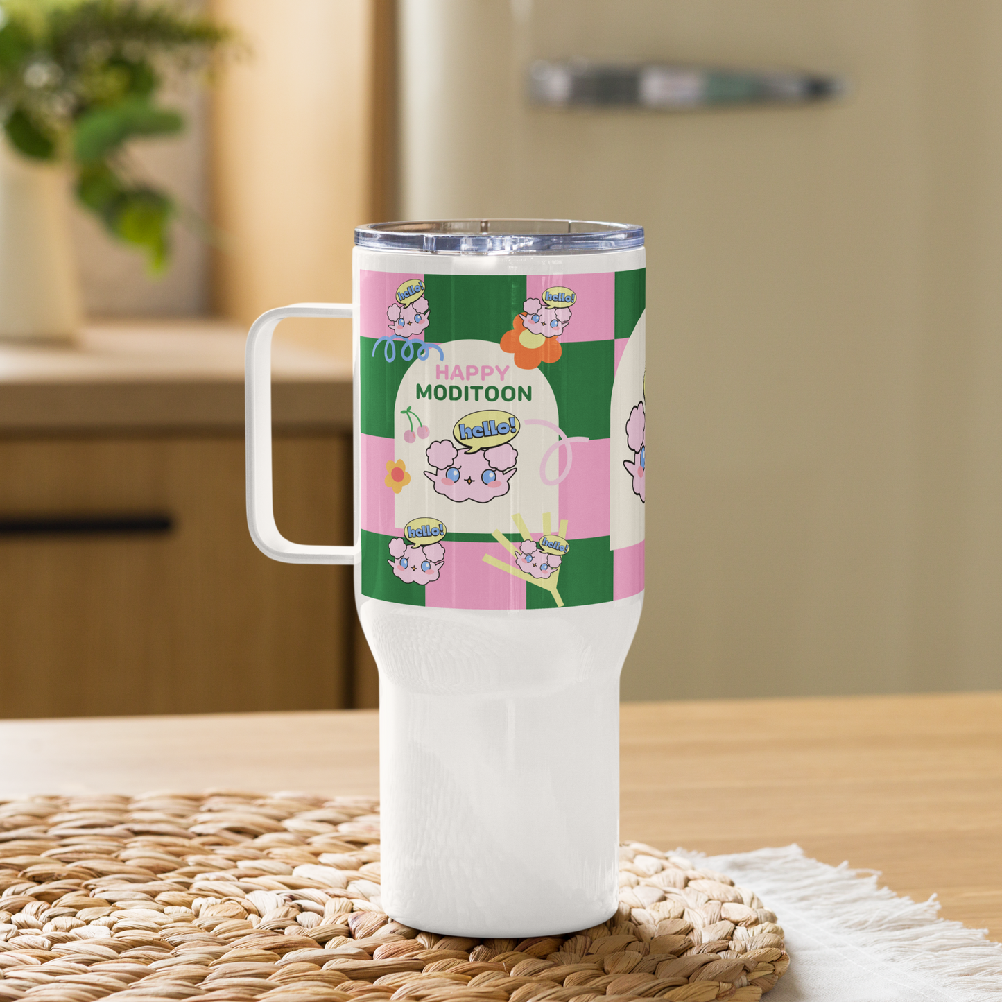 Pink Green ModiToon Travel mug with a handle